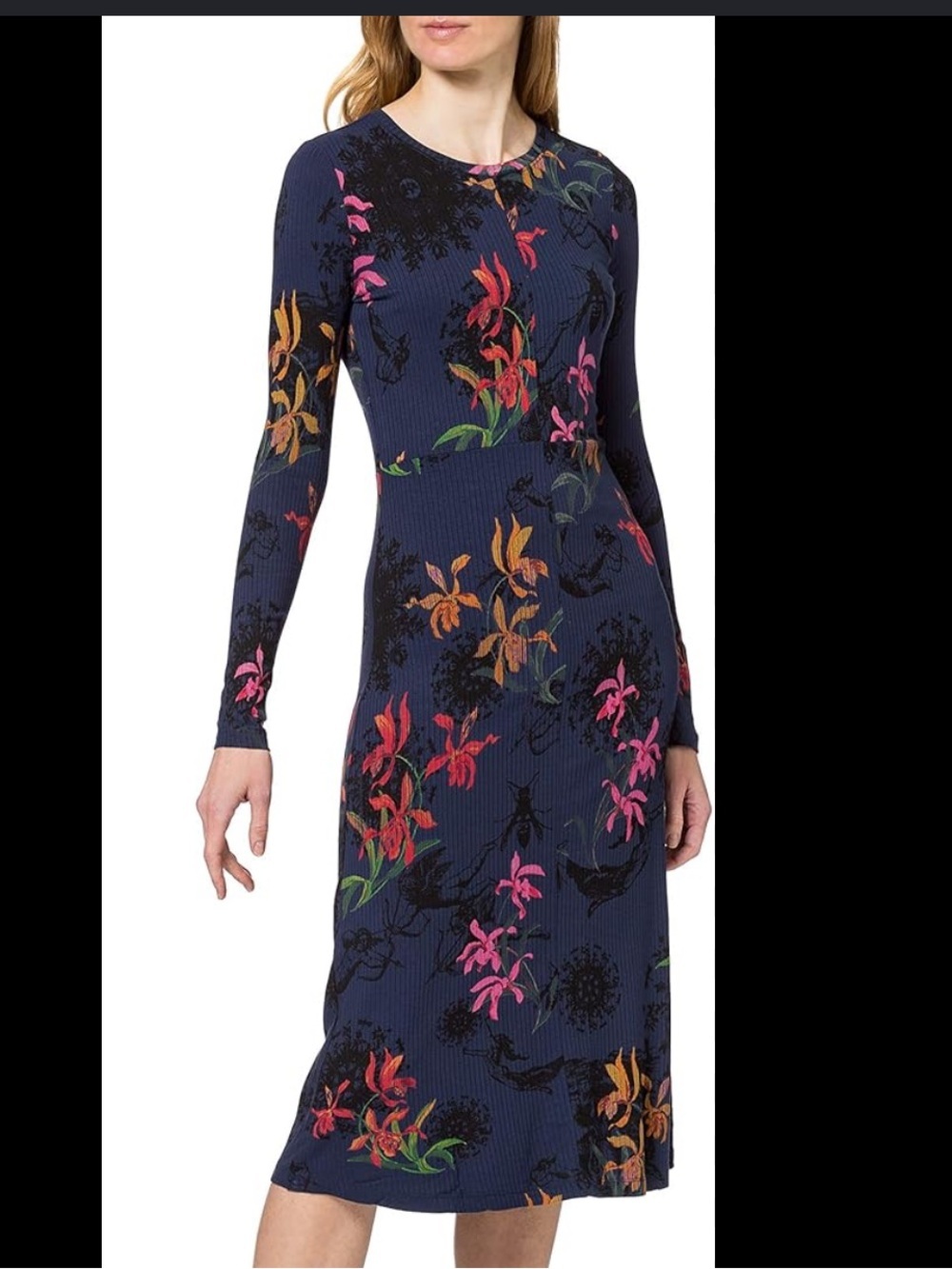 Desigual Navy Pakaian Jadi Wanita Ribbed Floral Cupid & Bees Midi Dress Size Med